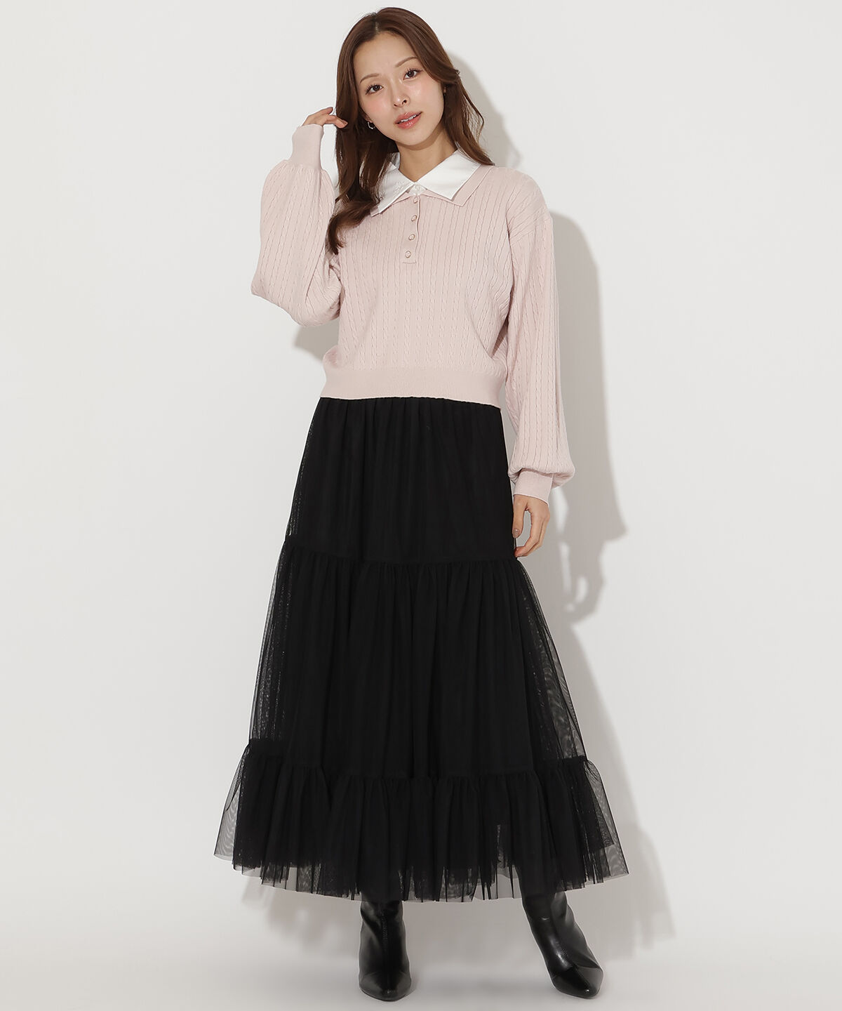 アンドクチュール「シャツ襟ケーブルニット」|ニット・セーター|