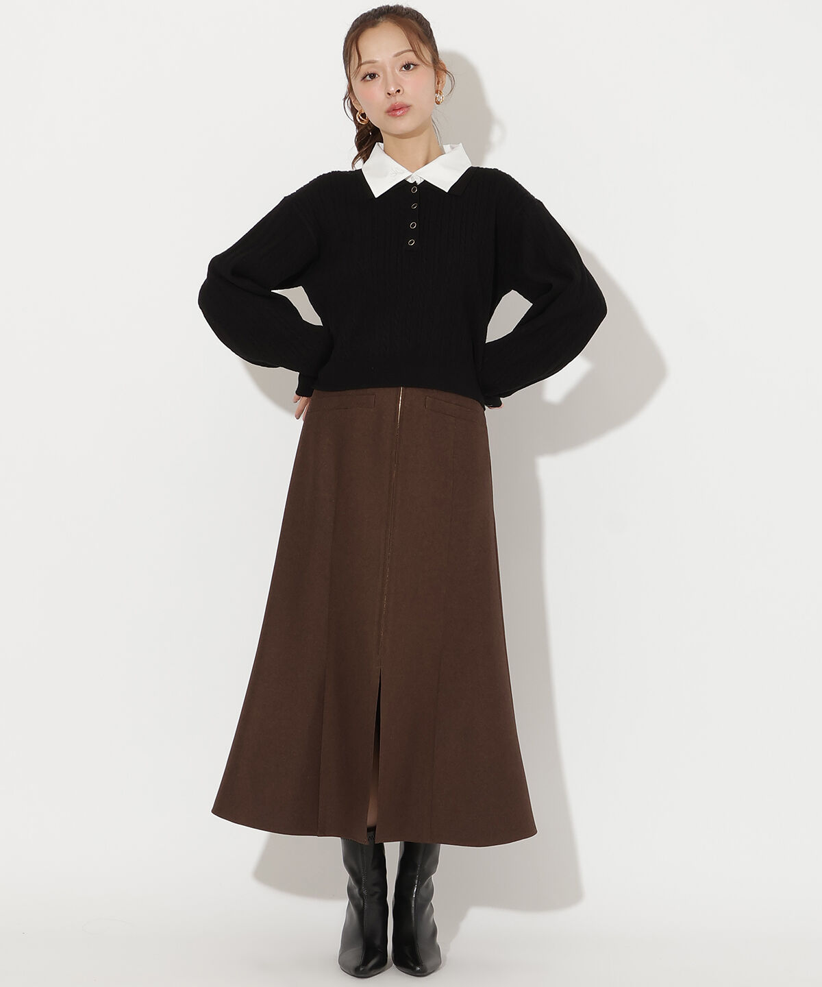 アンドクチュール「シャツ襟ケーブルニット」|ニット・セーター|