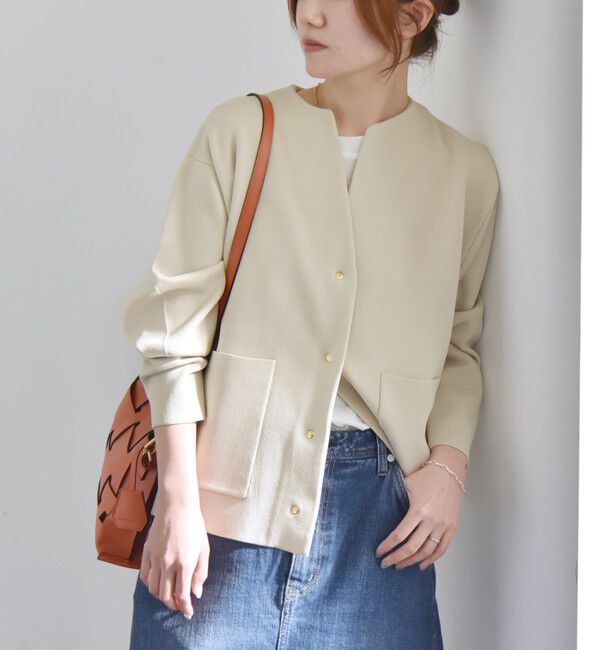 quaranciel「《一部追加予約》quaranciel:〈手洗い可能〉ノーカラー ポケット ニット ジャケット」|ノーカラージャケット|ベージュ