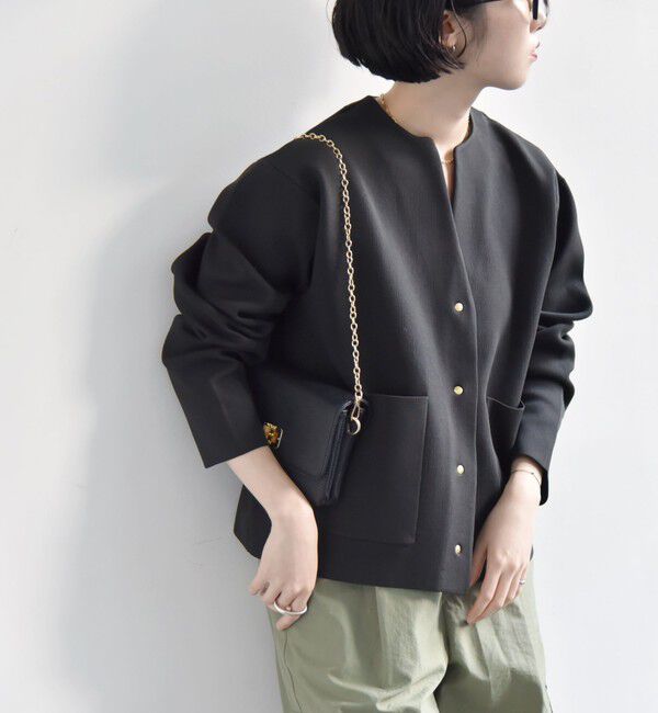quaranciel「《一部追加予約》quaranciel:〈手洗い可能〉ノーカラー ポケット ニット ジャケット」|ノーカラージャケット|ブラック