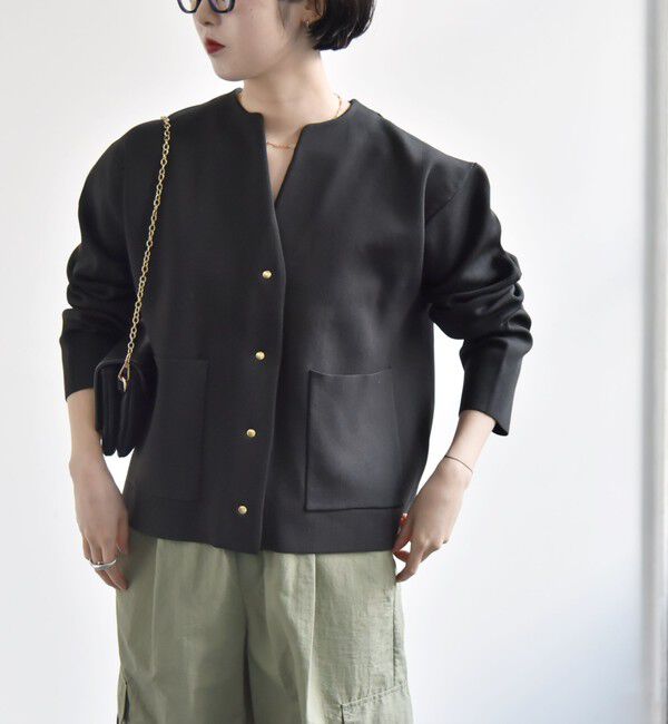 quaranciel「《一部追加予約》quaranciel:〈手洗い可能〉ノーカラー ポケット ニット ジャケット」|ノーカラージャケット|
