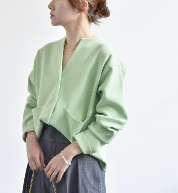 quaranciel「《一部追加予約》quaranciel:〈手洗い可能〉ノーカラー ポケット ニット ジャケット」|ノーカラージャケット|