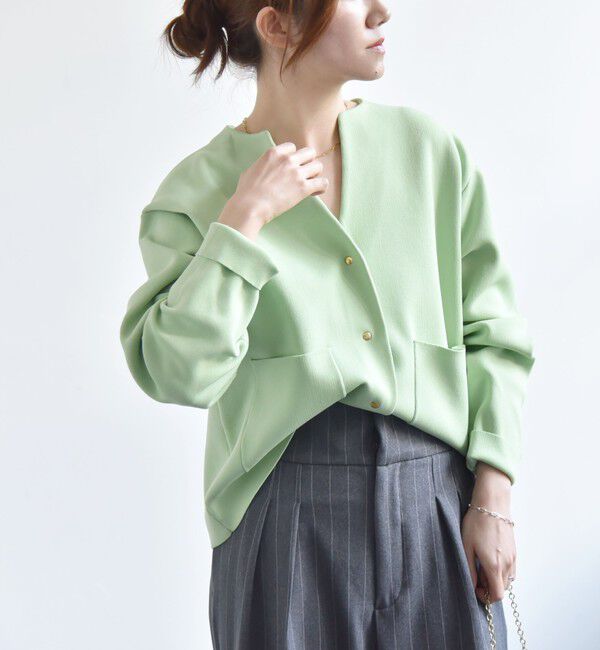 quaranciel「《一部追加予約》quaranciel:〈手洗い可能〉ノーカラー ポケット ニット ジャケット」|ノーカラージャケット|