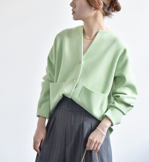 quaranciel「《一部追加予約》quaranciel:〈手洗い可能〉ノーカラー ポケット ニット ジャケット」|ノーカラージャケット|