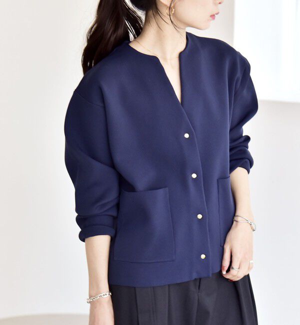 quaranciel「《一部追加予約》quaranciel:〈手洗い可能〉ノーカラー ポケット ニット ジャケット」|ノーカラージャケット|