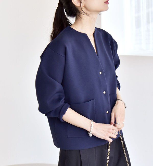 quaranciel「《一部追加予約》quaranciel:〈手洗い可能〉ノーカラー ポケット ニット ジャケット」|ノーカラージャケット|