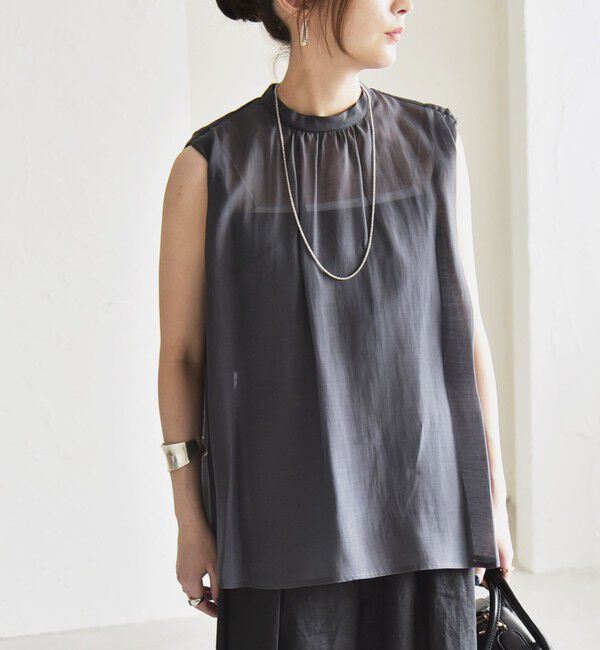quaranciel「quaranciel:〈洗濯機可能〉シアー ハイネック ノースリーブ ギャザー ブラウス」|シャツ・ブラウス|