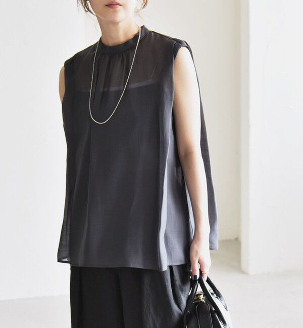 quaranciel「quaranciel:〈洗濯機可能〉シアー ハイネック ノースリーブ ギャザー ブラウス」|シャツ・ブラウス|