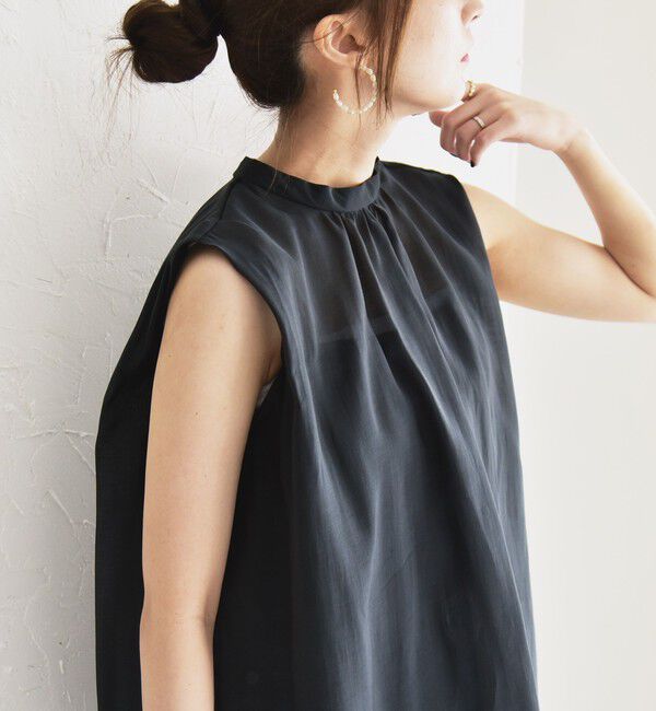 quaranciel「quaranciel:〈洗濯機可能〉シアー ハイネック ノースリーブ ギャザー ブラウス」|シャツ・ブラウス|