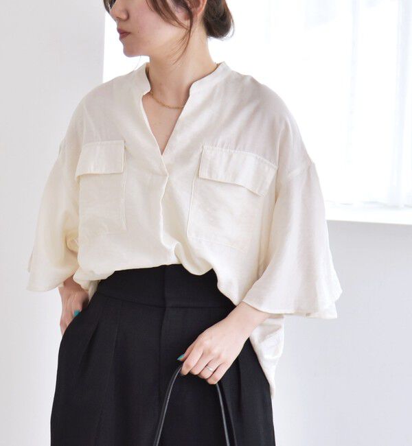 quaranciel「quaranciel:〈手洗い可能〉フレア ハーフスリーブ バンドカラー スキッパー シャツ」|シャツ・ブラウス|