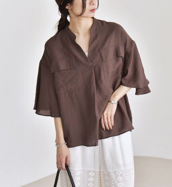 quaranciel「quaranciel:〈手洗い可能〉フレア ハーフスリーブ バンドカラー スキッパー シャツ」|シャツ・ブラウス|