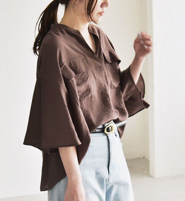 quaranciel「quaranciel:〈手洗い可能〉フレア ハーフスリーブ バンドカラー スキッパー シャツ」|シャツ・ブラウス|