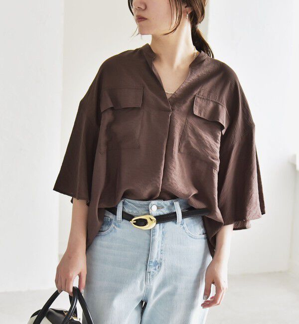 quaranciel「quaranciel:〈手洗い可能〉フレア ハーフスリーブ バンドカラー スキッパー シャツ」|シャツ・ブラウス|