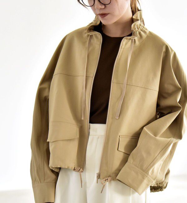 quaranciel「quaranciel:〈手洗い可能〉ギャザー スタンドカラー ドロスト ショート ブルゾン」|ブルゾン・スタジャン|