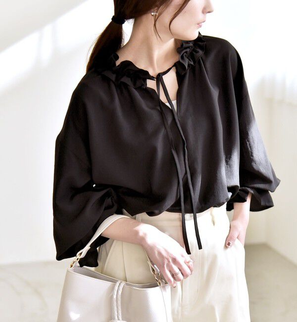 quaranciel「quaranciel:〈洗濯機可能〉フリルカラー リボン ギャザースリーブ ブラウス」|シャツ・ブラウス|