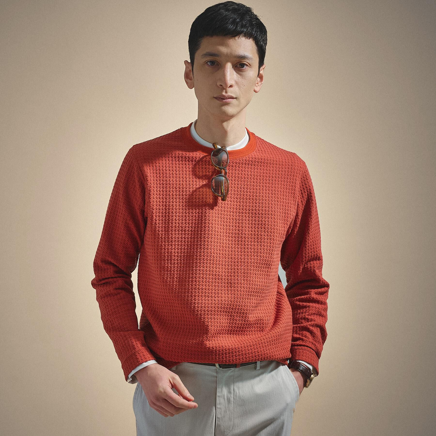 TAKEO KIKUCHI「千鳥柄 ストレッチ プルオーバー」|Tシャツ・カットソー|オレンジ(069)