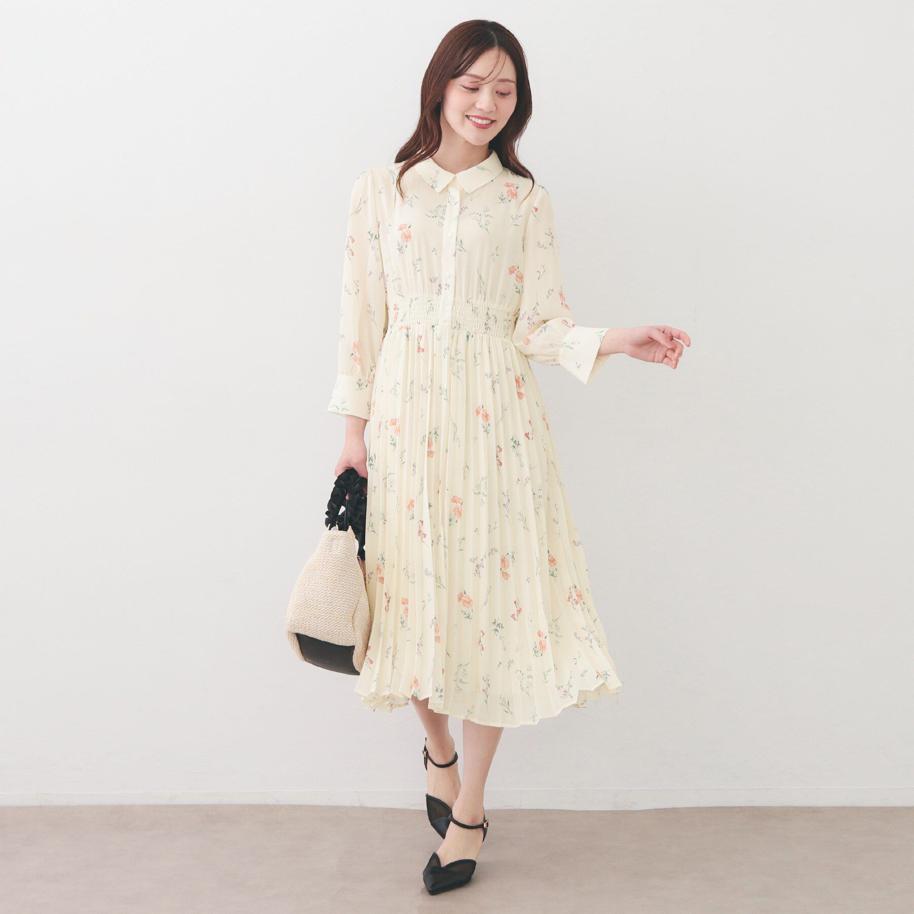 index「衿付き花柄プリーツフレアワンピース【洗濯機OK/イージーアイロン】」|ワンピース|