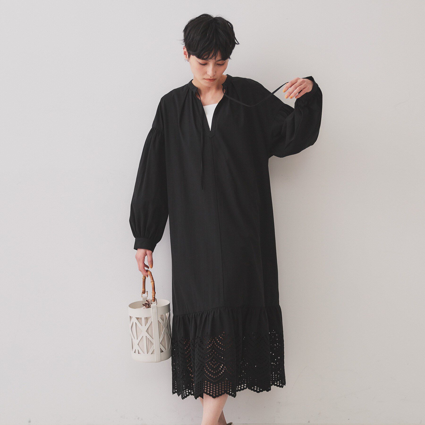 OPAQUE.CLIP「裾アイレットレースボリュームシャツワンピース【洗濯機洗い可】」|ワンピース|