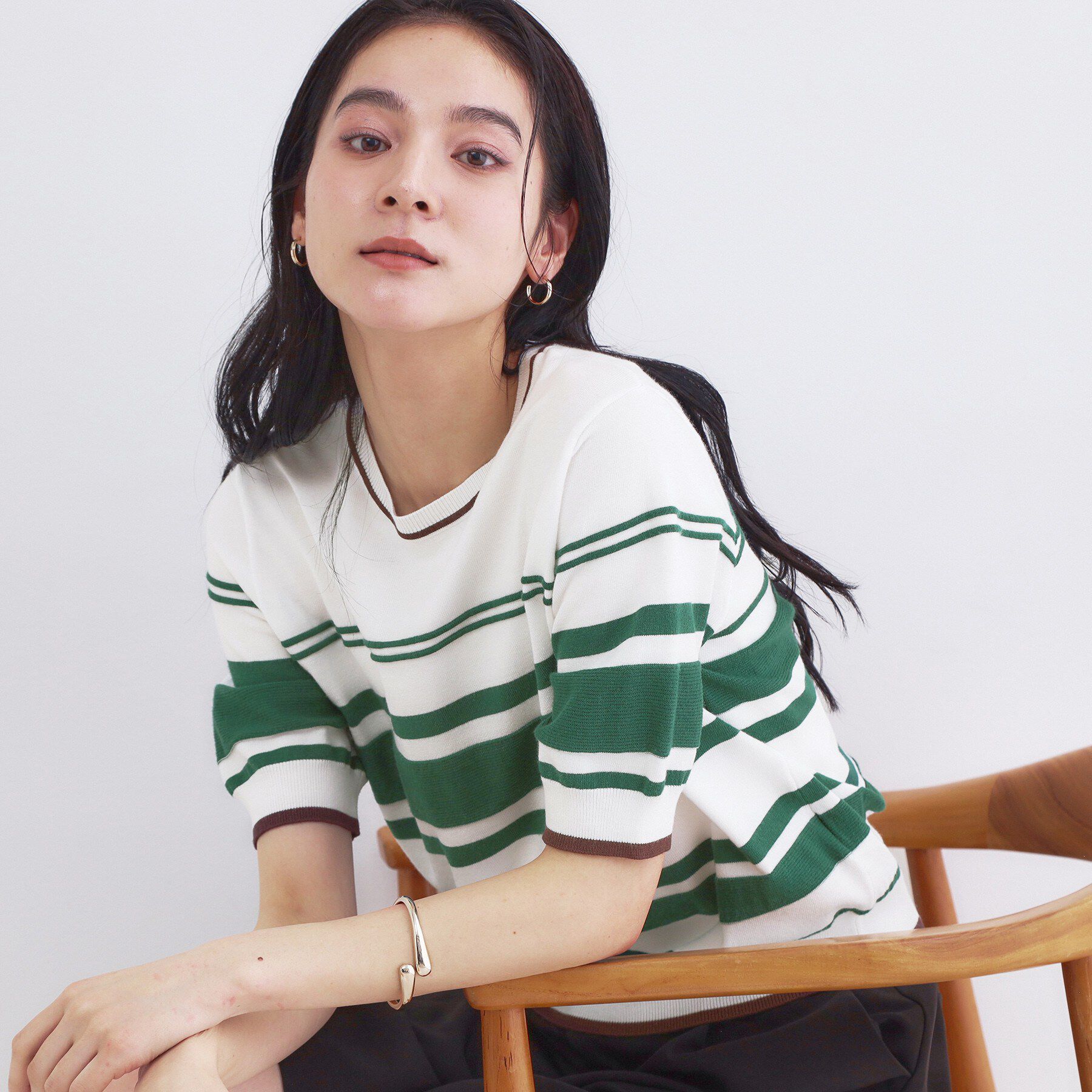 OPAQUE.CLIP「ランダムボーダーハーフスリーブニット【洗濯機OK】」|ニット・セーター|