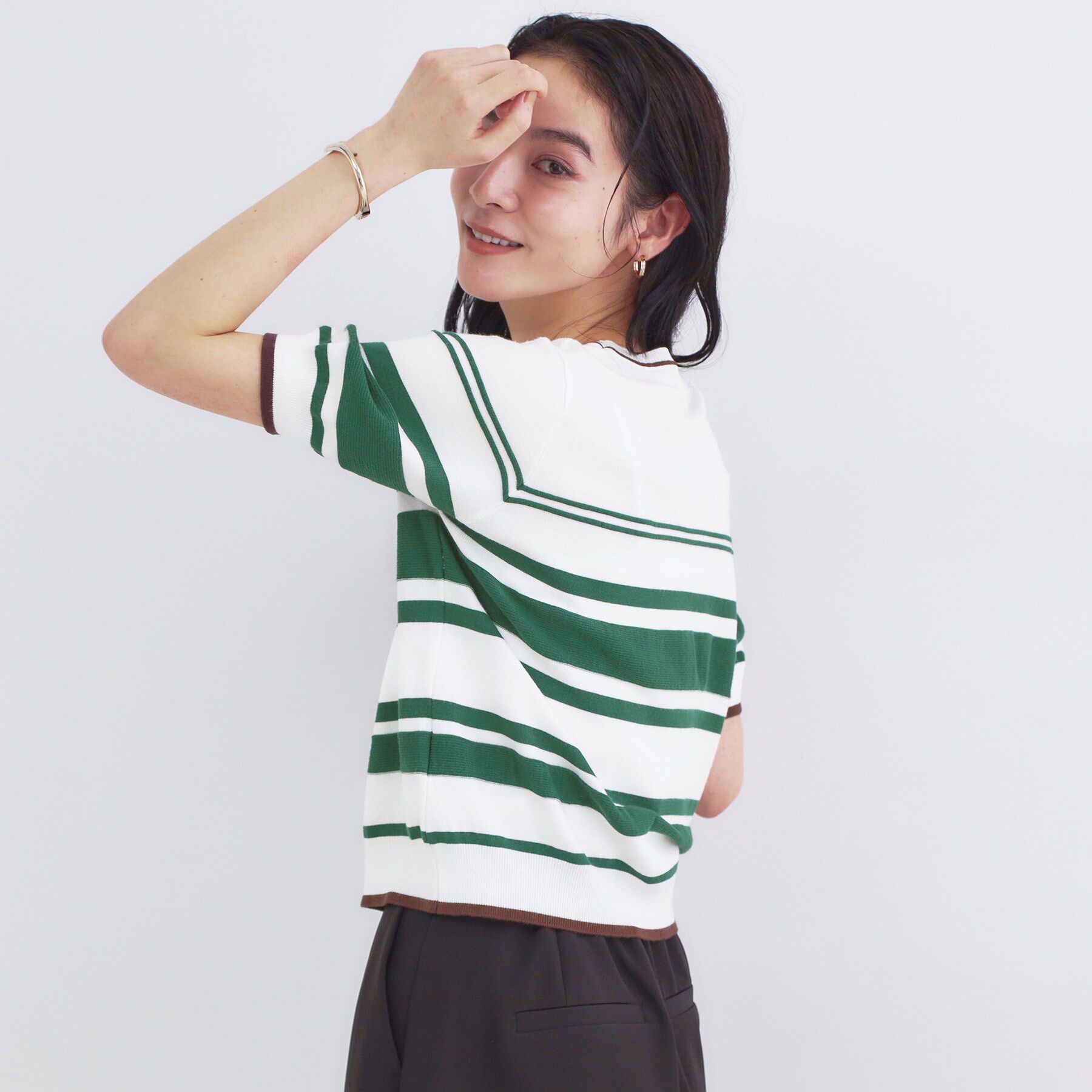 OPAQUE.CLIP「ランダムボーダーハーフスリーブニット【洗濯機OK】」|ニット・セーター|