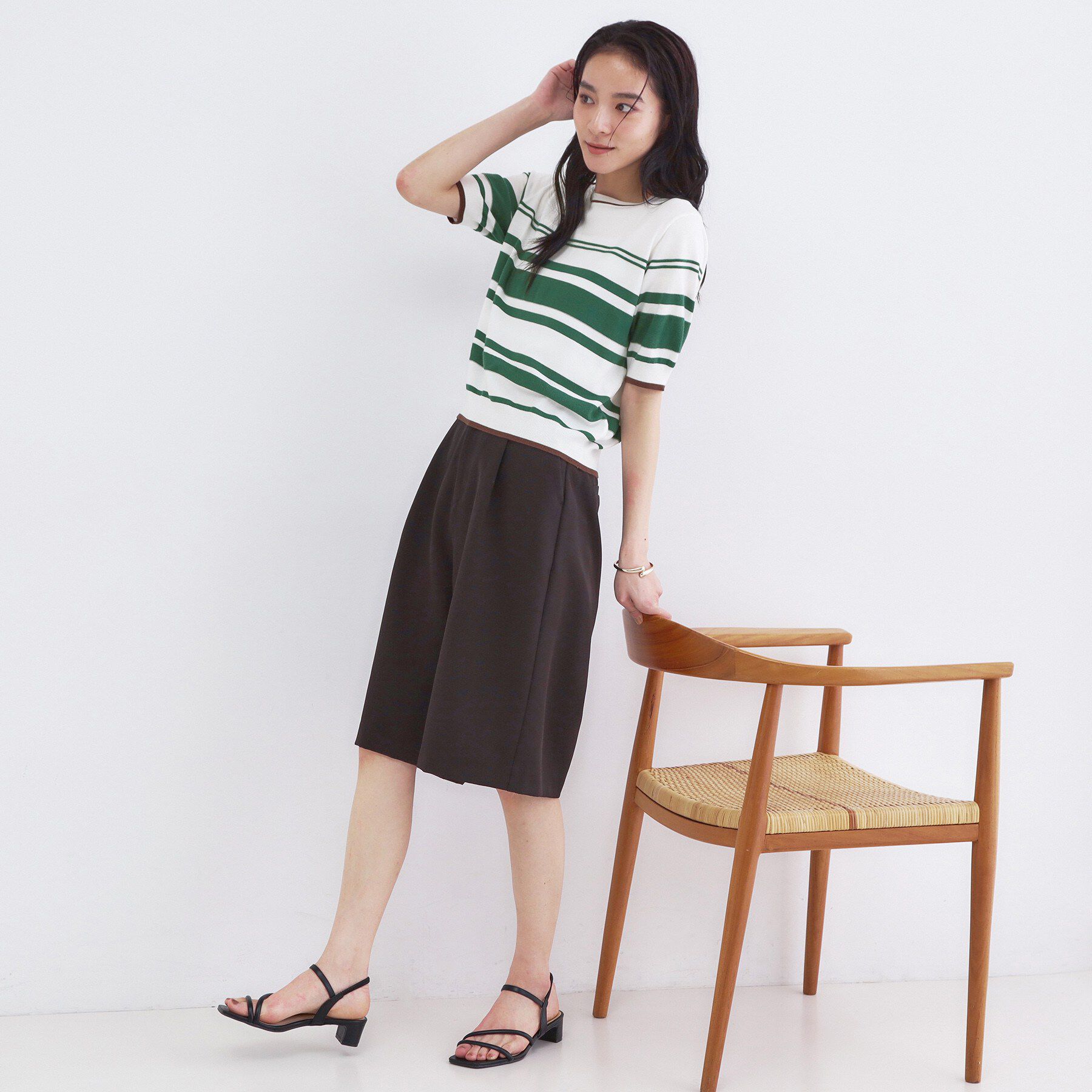 OPAQUE.CLIP「ランダムボーダーハーフスリーブニット【洗濯機OK】」|ニット・セーター|