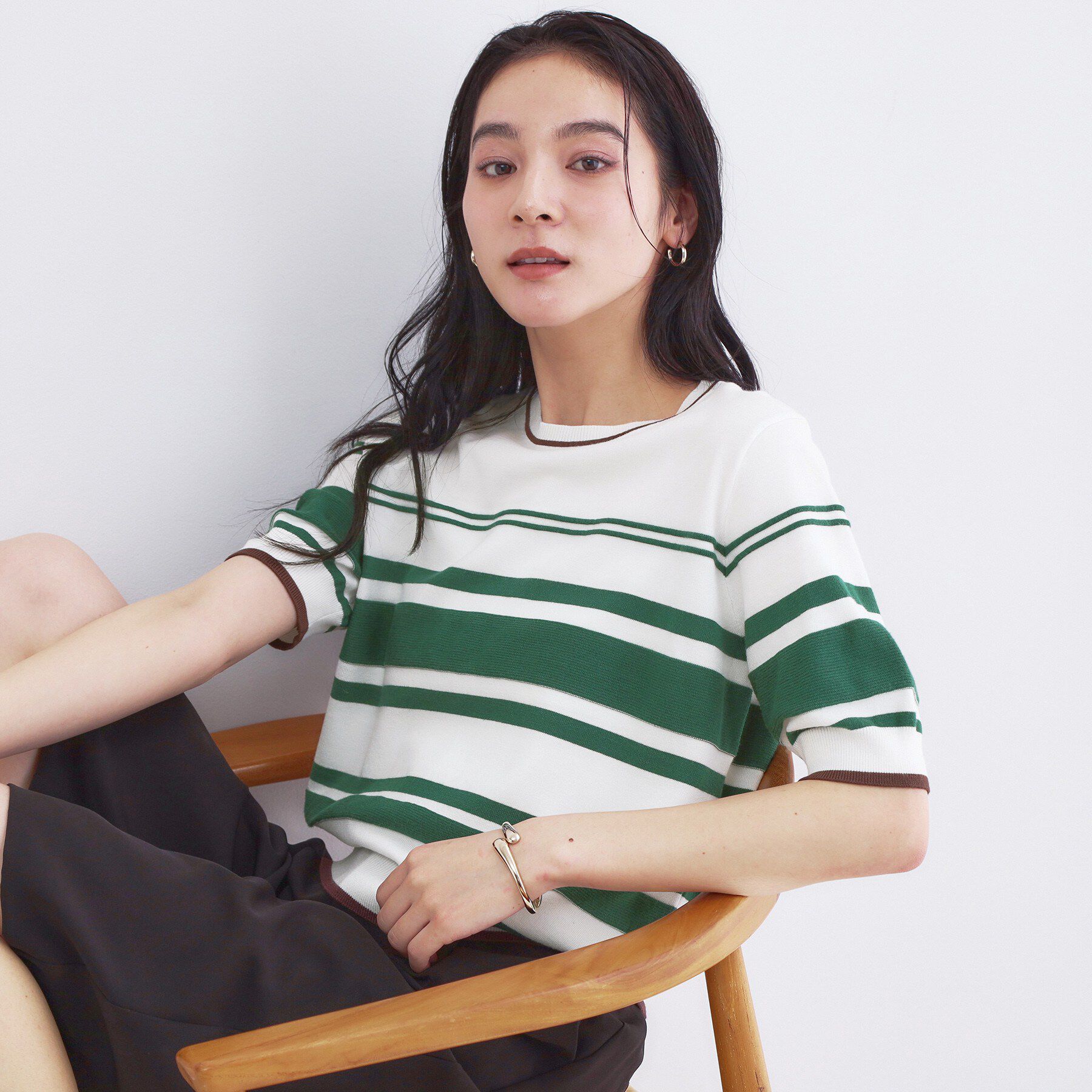 OPAQUE.CLIP「ランダムボーダーハーフスリーブニット【洗濯機OK】」|ニット・セーター|グリーン(322)