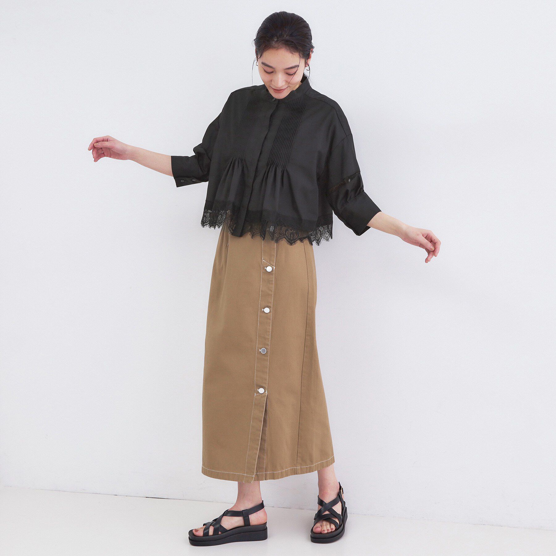 OPAQUE.CLIP「裾レース使いピンタックショートシャツ【洗濯機OK】」|シャツ・ブラウス|