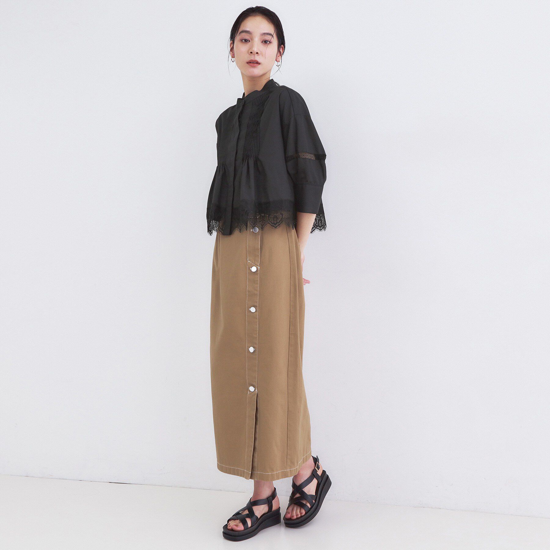 OPAQUE.CLIP「裾レース使いピンタックショートシャツ【洗濯機OK】」|シャツ・ブラウス|