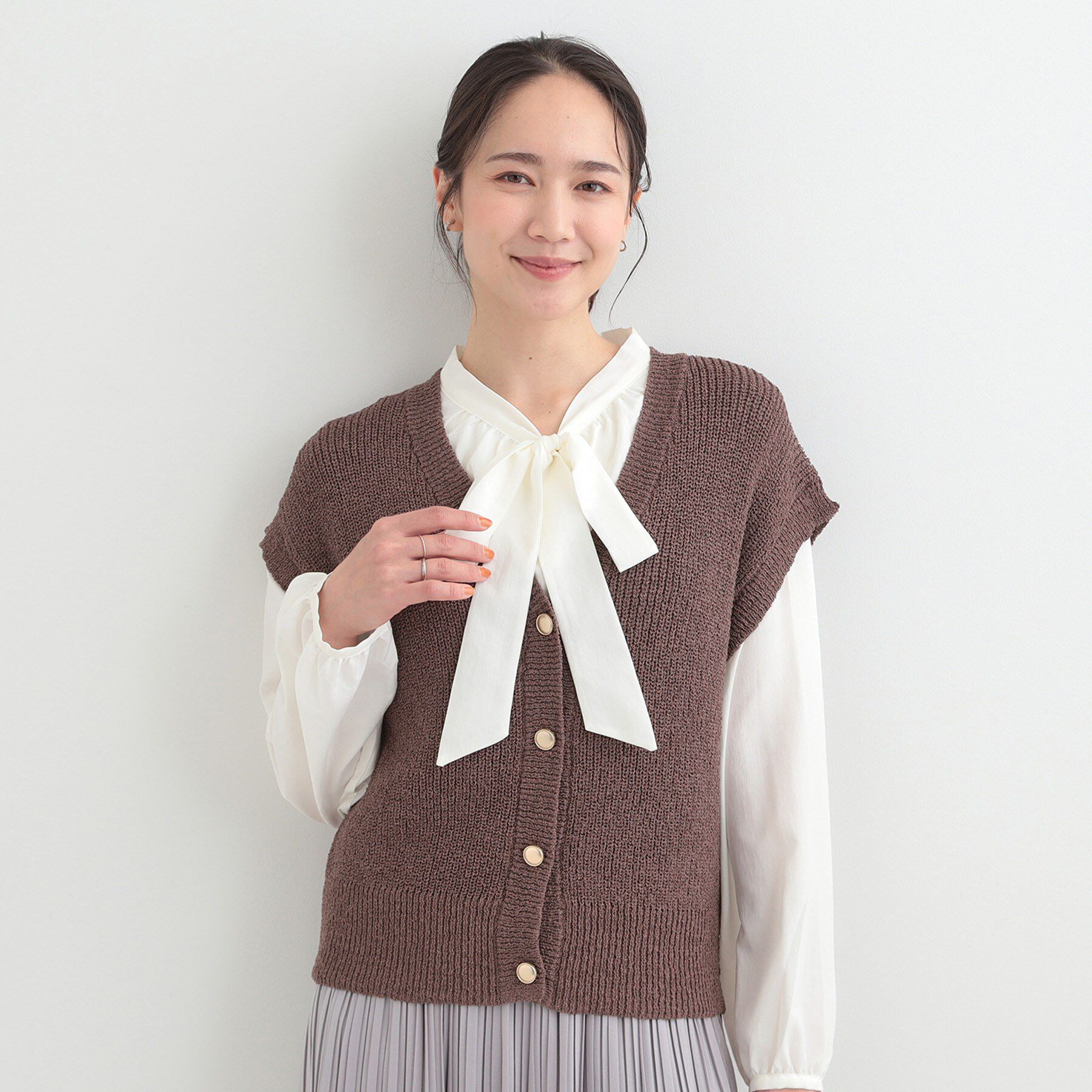 SHOO･LA･RUE「【S-LL/洗濯機可】気軽にレイヤード 前開きざっくりニットベスト」|ベスト・ジレ|