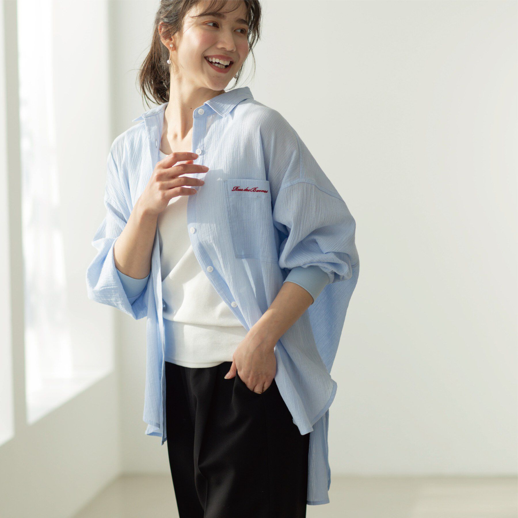 SHOO･LA･RUE「袖リブ楊柳オーバーシャツ」|シャツ・ブラウス|