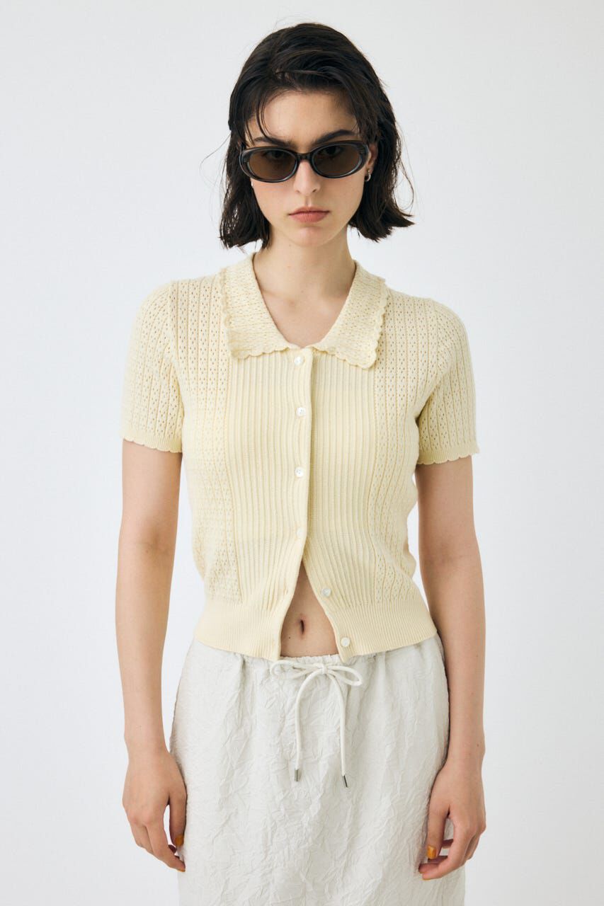 MOUSSY「POINTELLE KNIT H/S シャツ」|ニット・セーター|O/WHT1