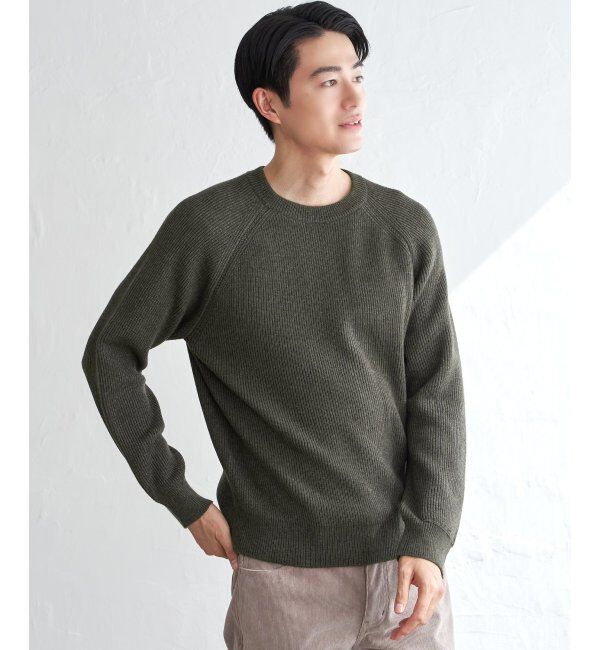 ikka「ウォッシャブル畦クルーネックニット」|プルオーバー|カーキ