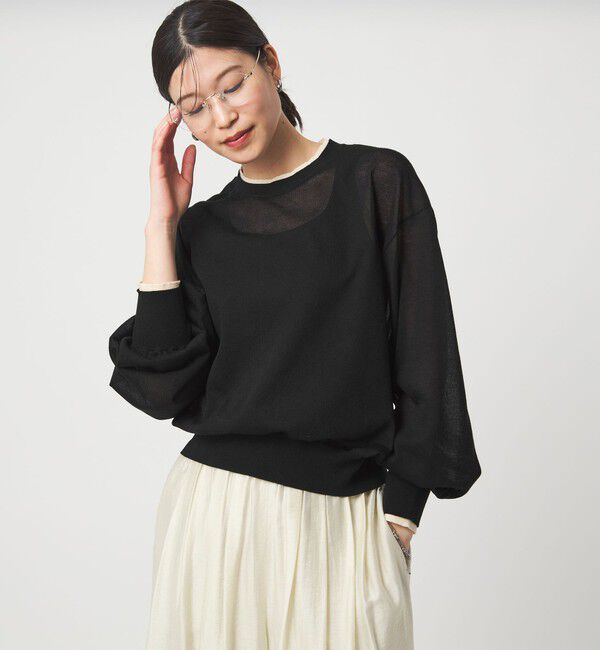 UNITED ARROWS green label relaxing「【WEB限定】＜at ease＞バイカラー シアー ニット プルオーバー」|ニット・セーター|BLACK