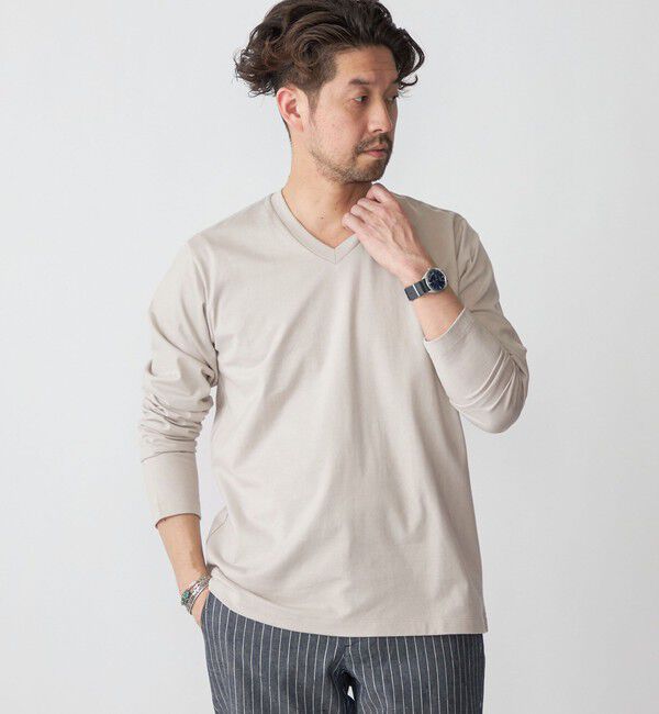 SHIPS「SHIPS: 抗菌・防臭 NANO-FINE(R) ハイゲージ Vネック Tシャツ (ロンT)」|Tシャツ・カットソー|ライトグレー