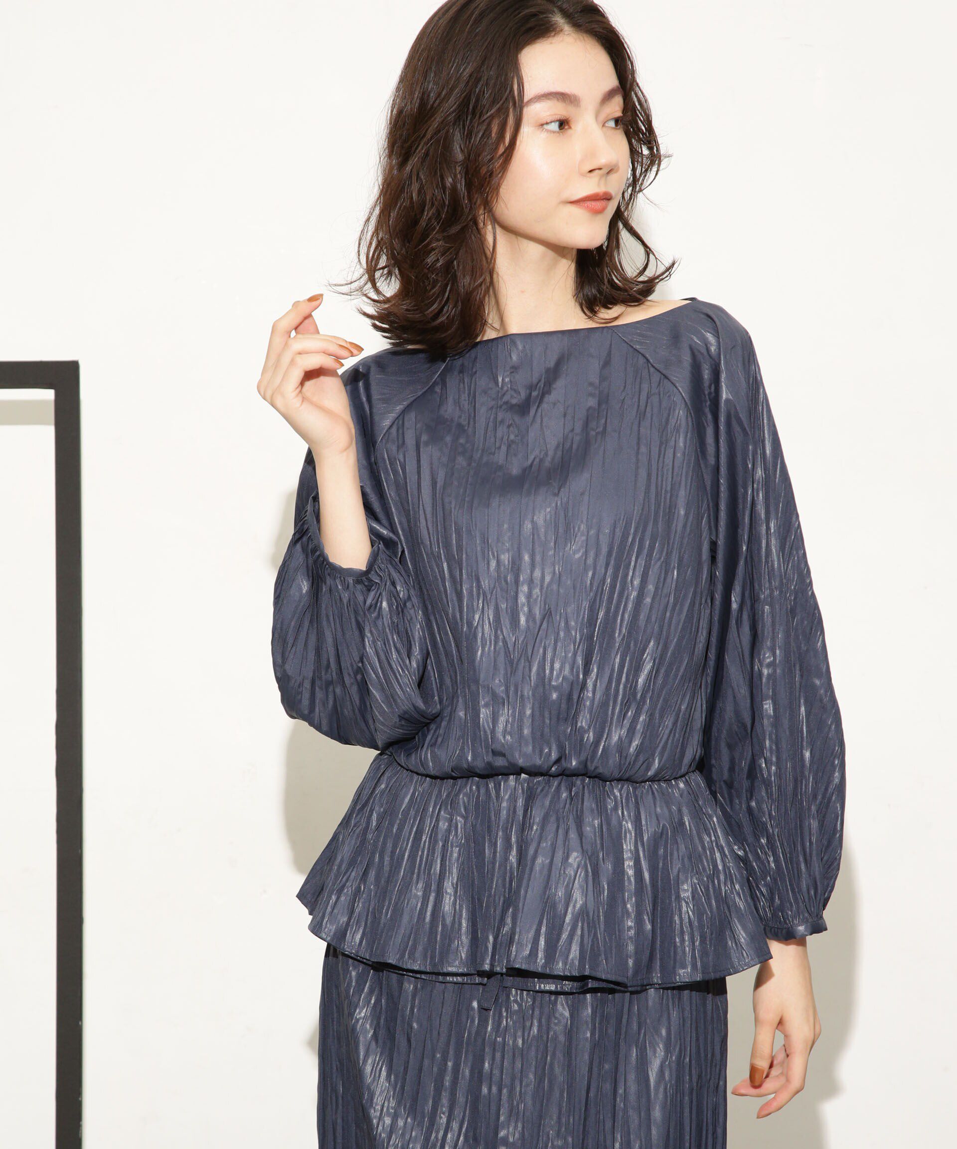 nano･universe「チンツサテンプリーツブラウス（セットアップ可）」|シャツ・ブラウス|ネイビー