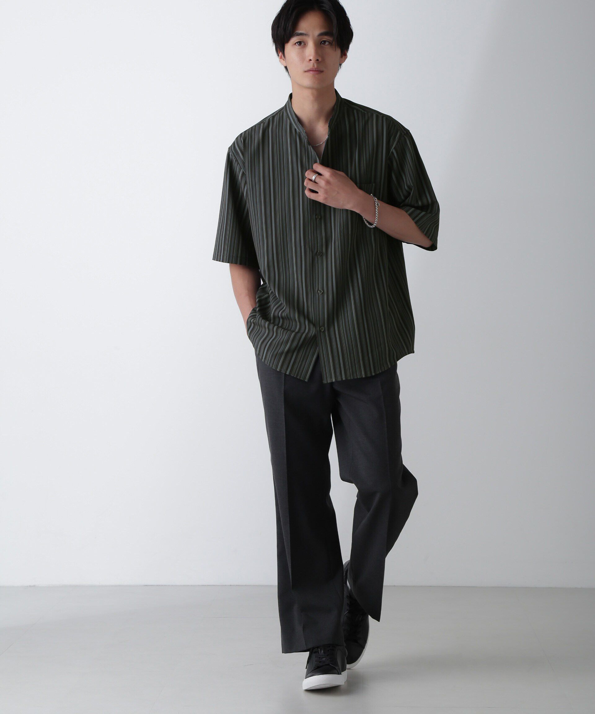 nano･universe「ランダムストライプシャツ 半袖」|シャツ・ブラウス|