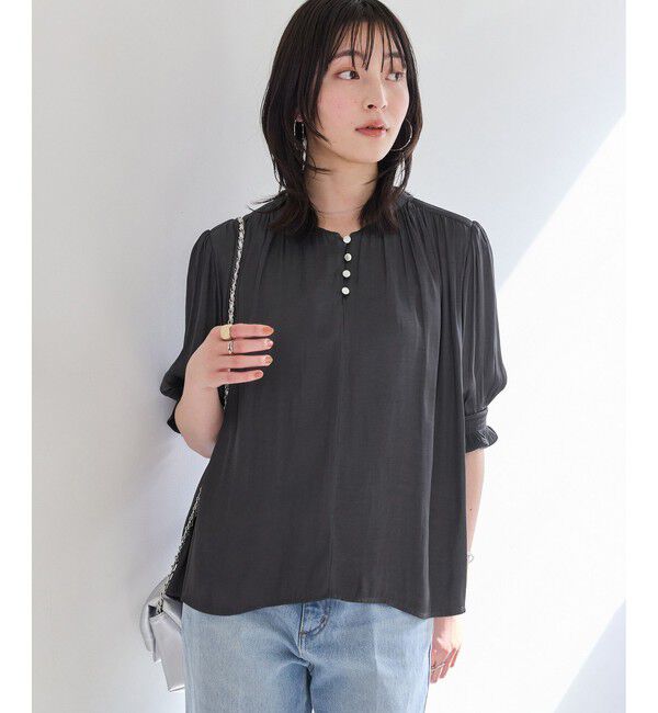VIS「エアリーサテンハーフスリーブブラウス/イージーケア」|シャツ・ブラウス|チャコール(06)