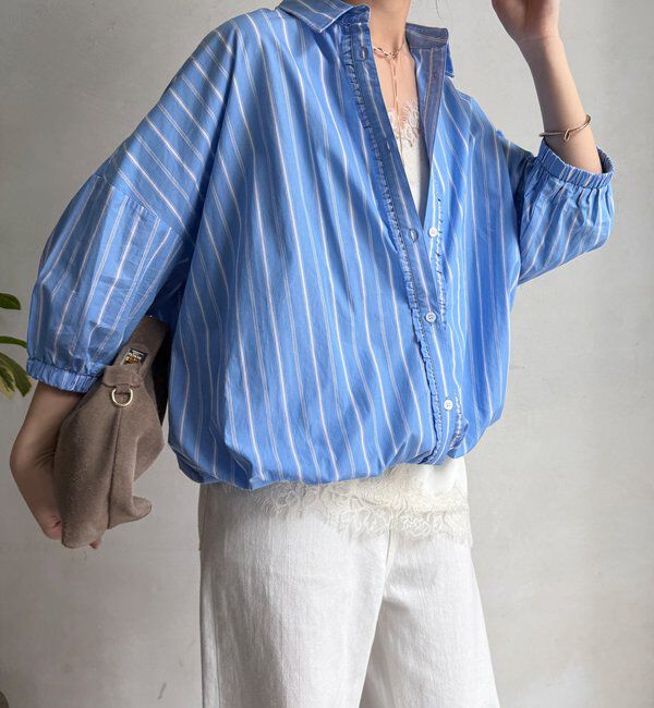  「【WEB限定】ストライプドロストシャツ」|シャツ・ブラウス|サックスブルー