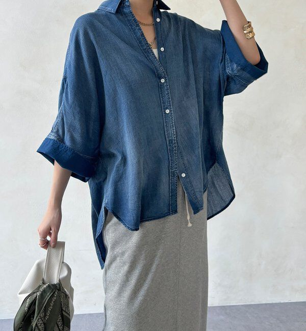 「シアーデニムビッグカフスドルマンシャツ」|シャツ・ブラウス|ネイビー