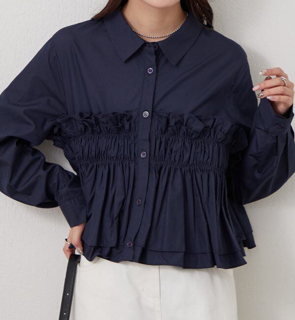  「シャーリングティアード ブラウス」|シャツ・ブラウス|ネイビー