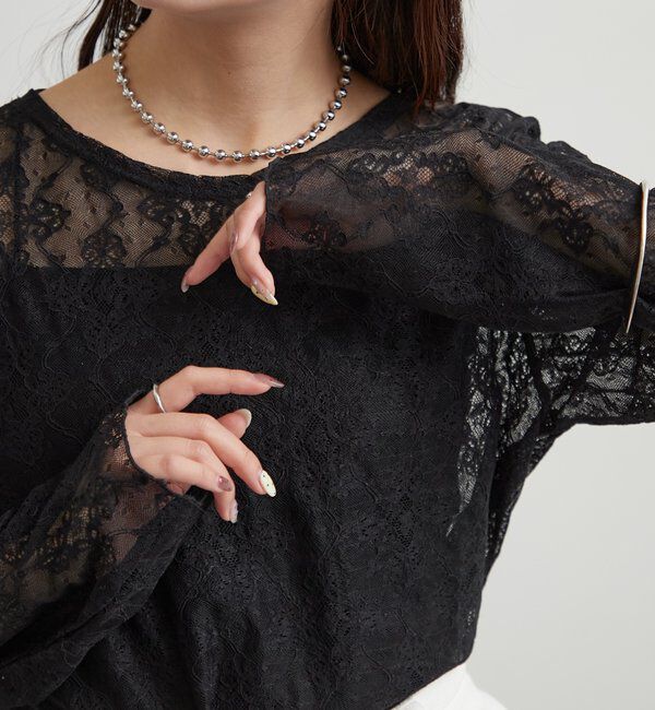  「裾ギャザーレースロングTシャツ」|Tシャツ・カットソー|