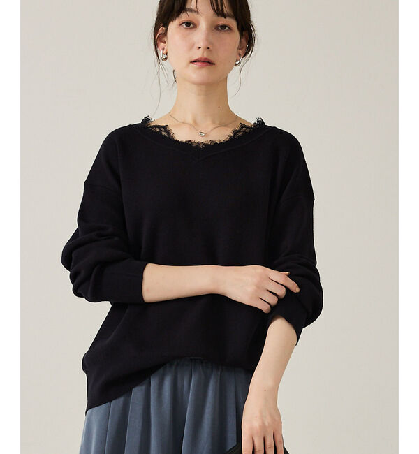 qualite「【トレンドアイテム】Vネックレース付きニット」|ニット・セーター|ダークネイビー