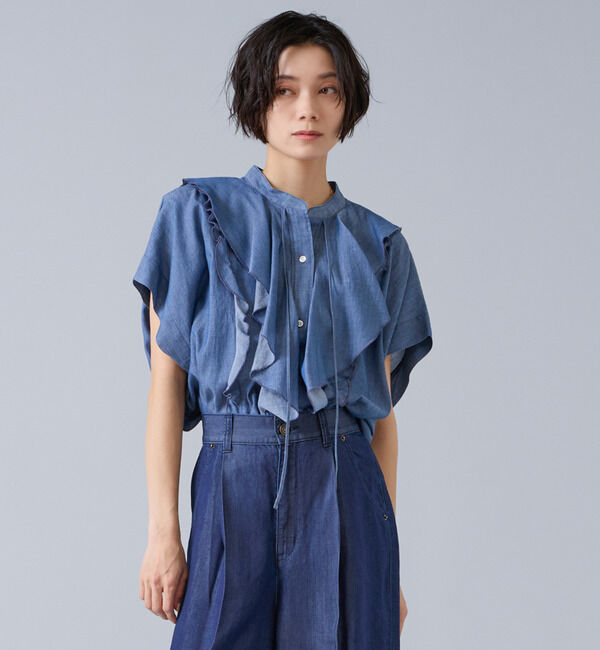 Liesse「シアーデニムフリルブラウス」|シャツ・ブラウス|ネイビー