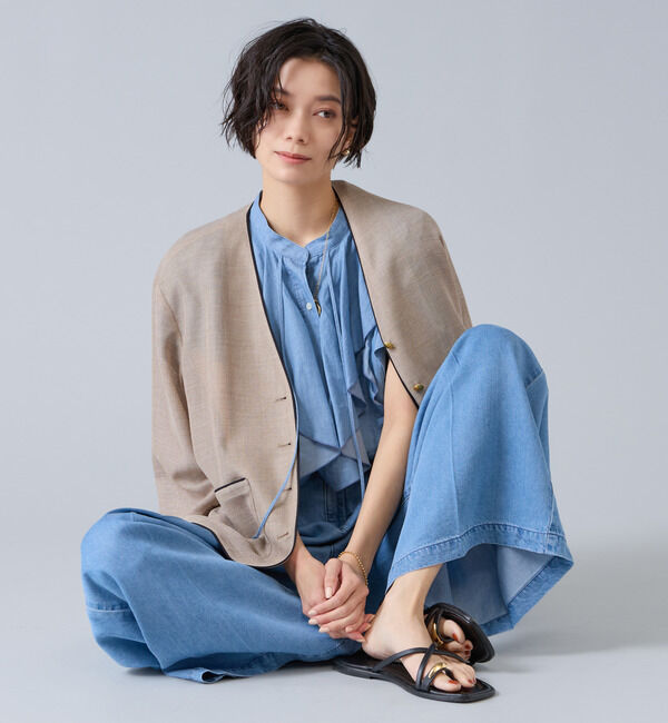 Liesse「シアーデニムフリルブラウス」|シャツ・ブラウス|