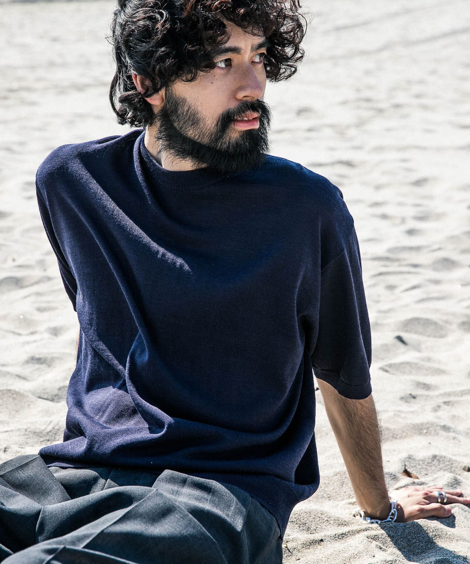 URBAN RESEARCH「new basic　WOOL SILK KNIT T-SHIRTS」|ニット・セーター|ネイビー