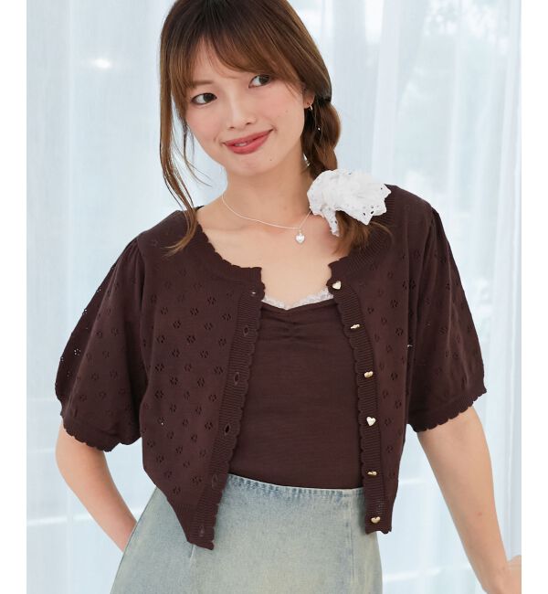  「キャミセットフラワーアイレットクルーカーデ」|カーディガン|ブラウン