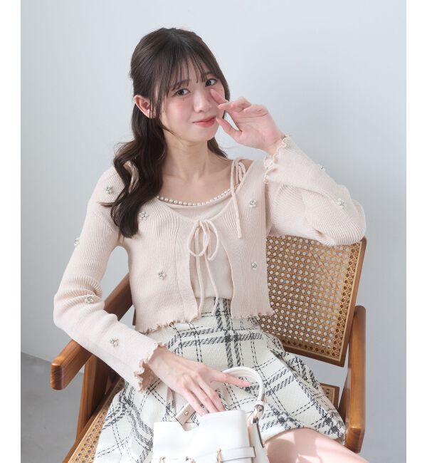  「キャミセットフラワーパールカーディガン」|カーディガン|ピンク