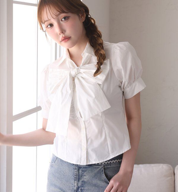  「半袖フロントギャザーボウタイブラウス」|シャツ・ブラウス|