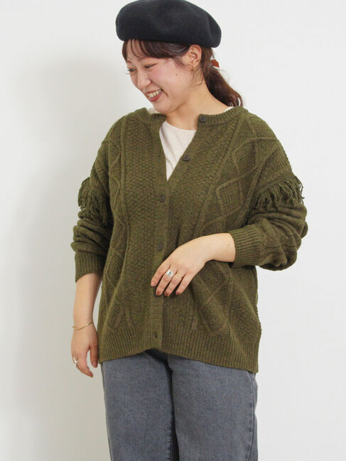 Samansa Mos2「フリンジ前後2WAYニット」|カーディガン|カーキ
