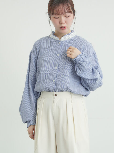 Samansa Mos2「襟フリルレース重ねブラウス」|シャツ・ブラウス|ブルー